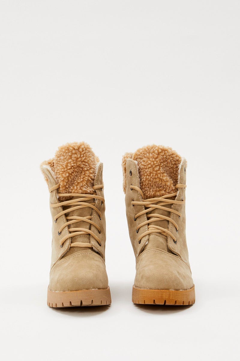 Camel Suedette Lace Up Flat Boots For Women By You And All