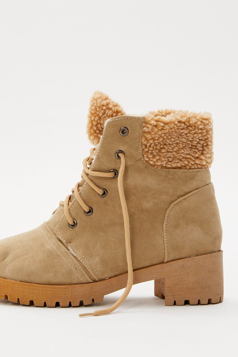 Camel Suedette Lace Up Flat Boots For Women By You And All