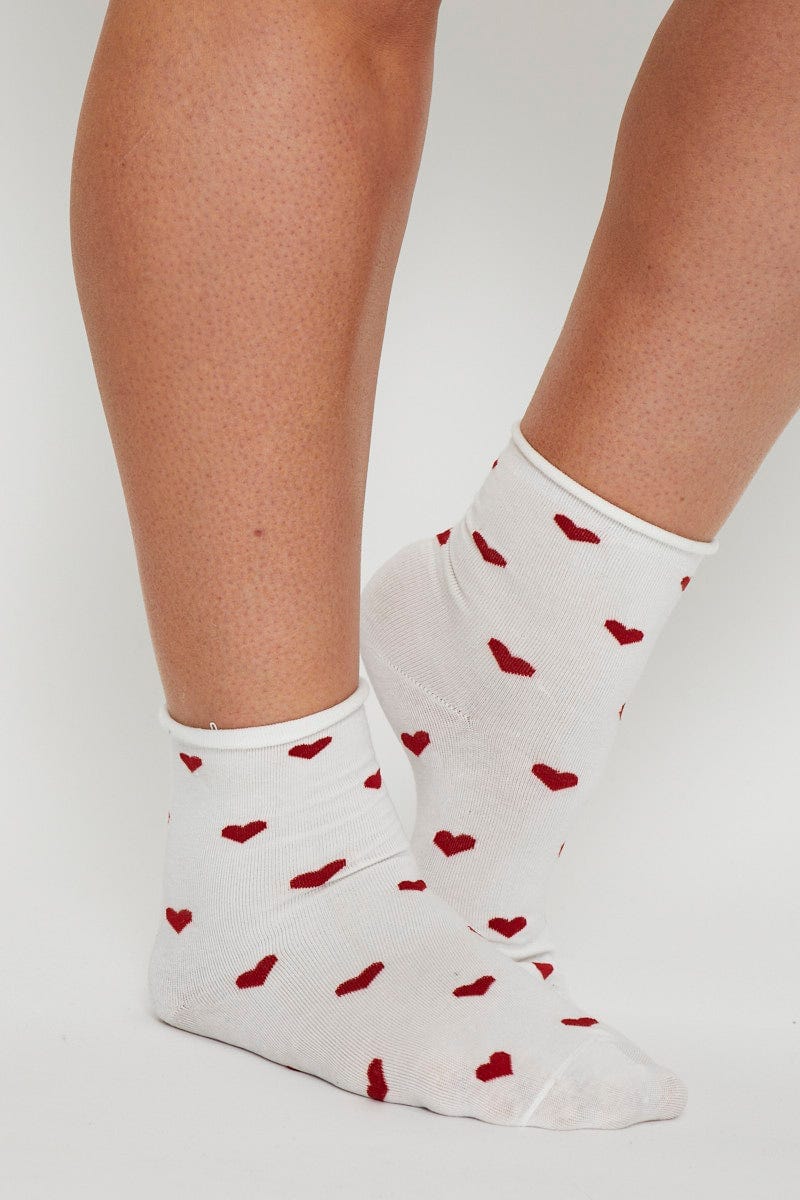 White Heart Print Socks For Women By You And All