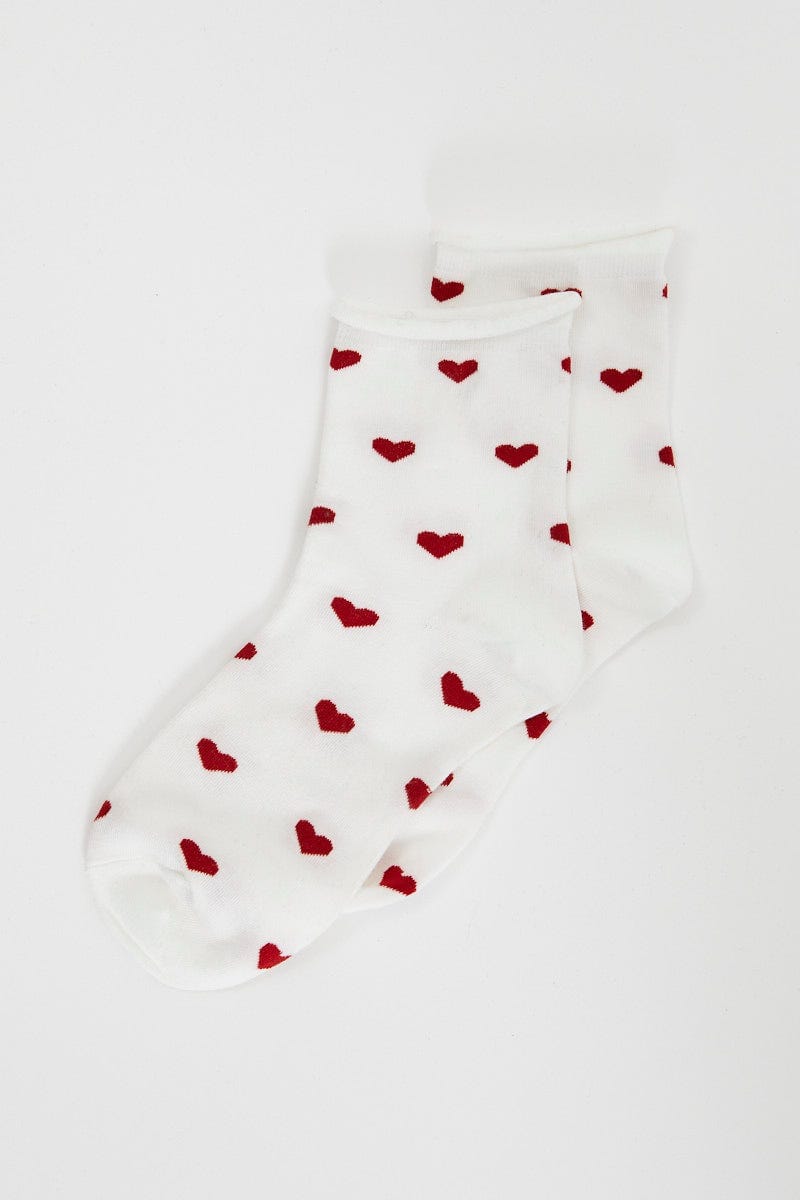 White Heart Print Socks For Women By You And All