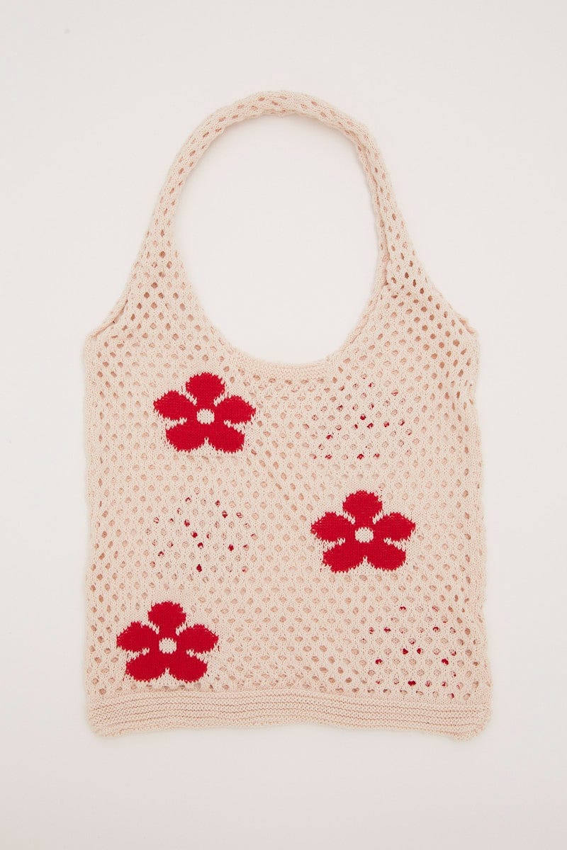 Cream Floral Print Crochet Shopper Bag For Women By You And All