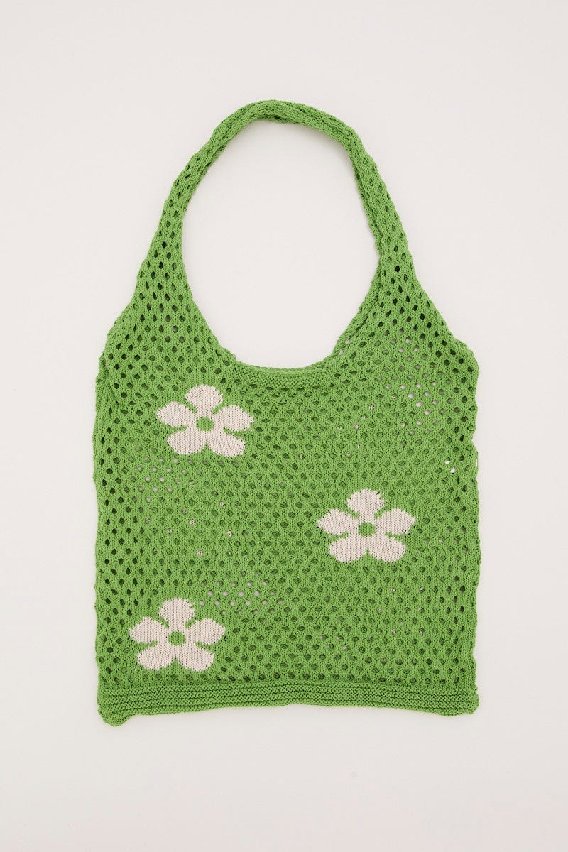 Green Floral Print Crochet Shopper Bag For Women By You And All