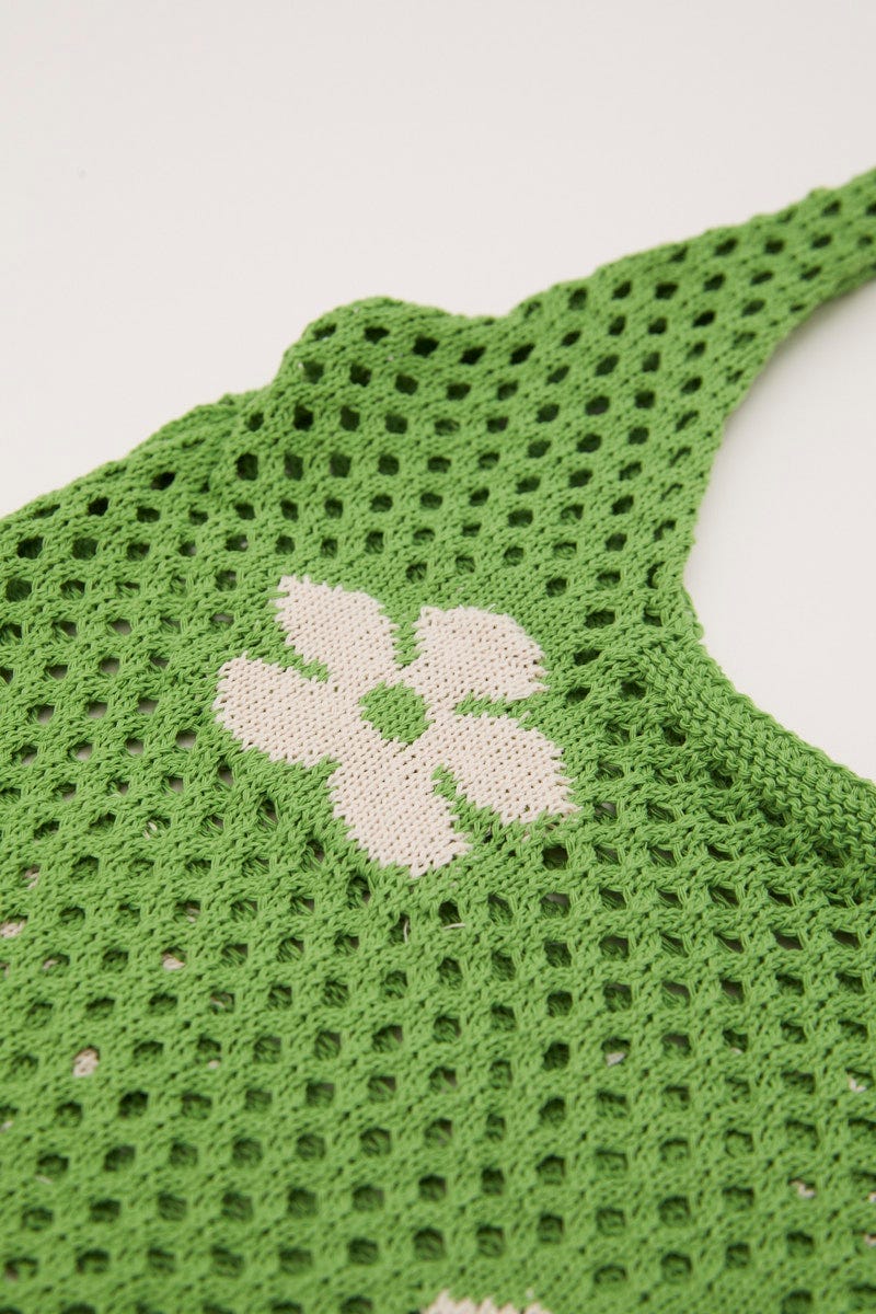 Green Floral Print Crochet Shopper Bag For Women By You And All