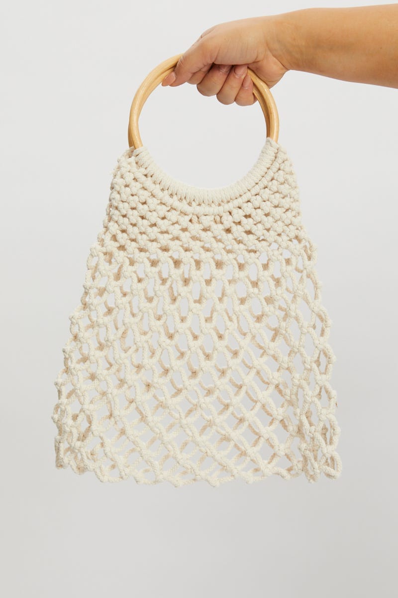 White Crochet Wooden Handle Tote Bag You All Shop Online