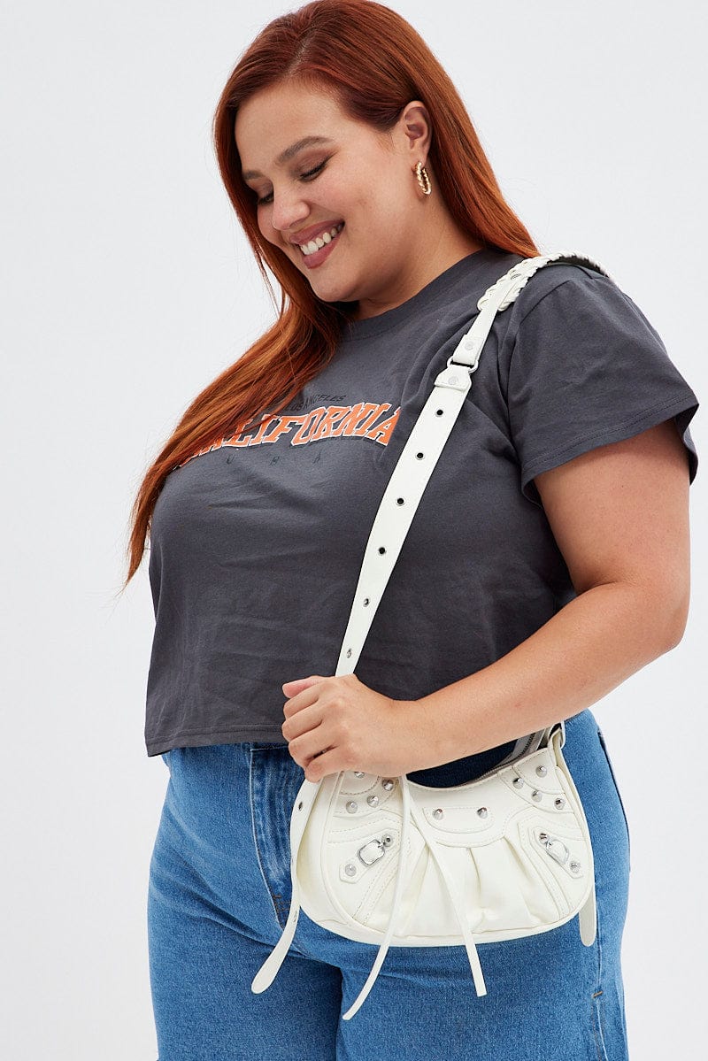 White Pleated Crescent Shoulder Bag With Stud Decor for YouandAll Fashion