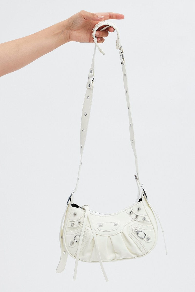 White Pleated Crescent Shoulder Bag With Stud Decor for YouandAll Fashion