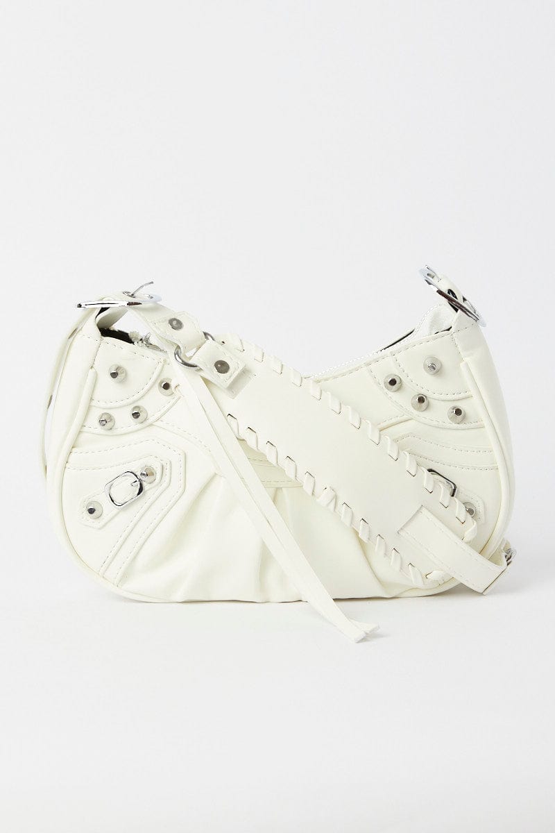 White Pleated Crescent Shoulder Bag With Stud Decor for YouandAll Fashion