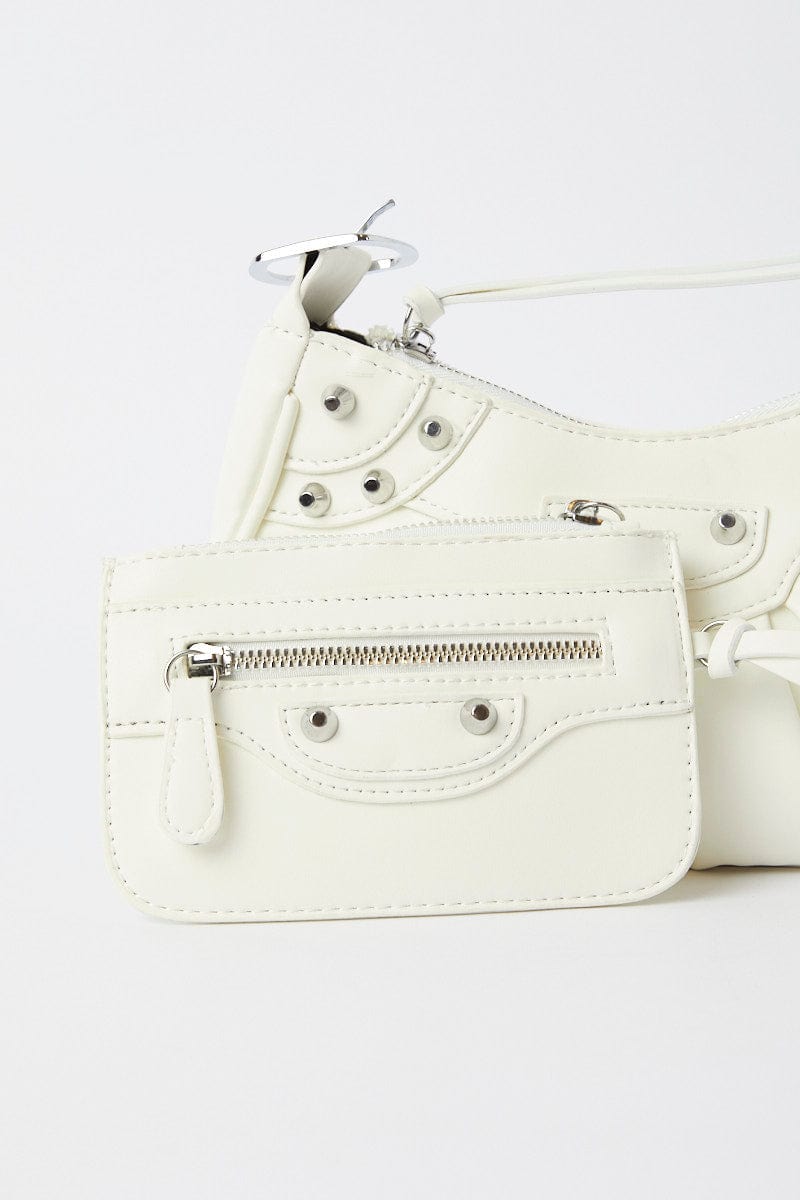 White Pleated Crescent Shoulder Bag With Stud Decor for YouandAll Fashion