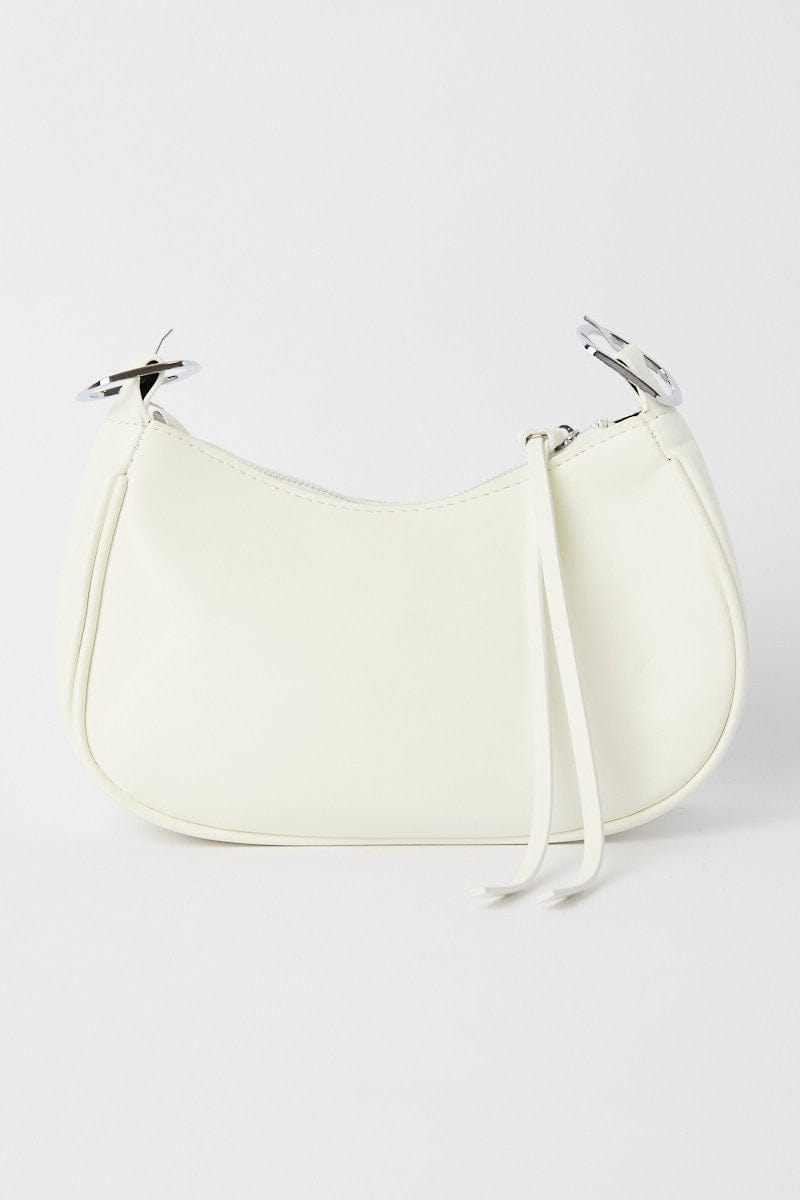 White Pleated Crescent Shoulder Bag With Stud Decor for YouandAll Fashion