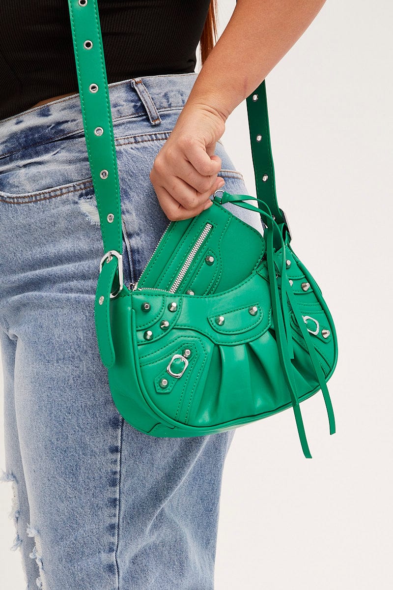 Green Pleated Crescent Shoulder Bag with Stud Decor