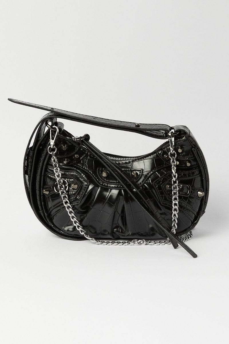 Black Curved Crossbody Bag with Studding for YouandAll Fashion