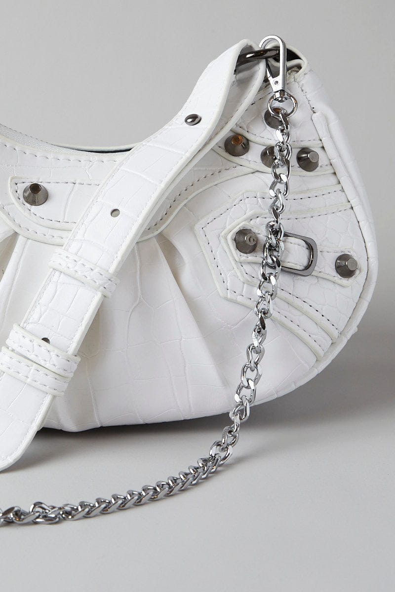 White Curved Crossbody Bag with Studding for YouandAll Fashion