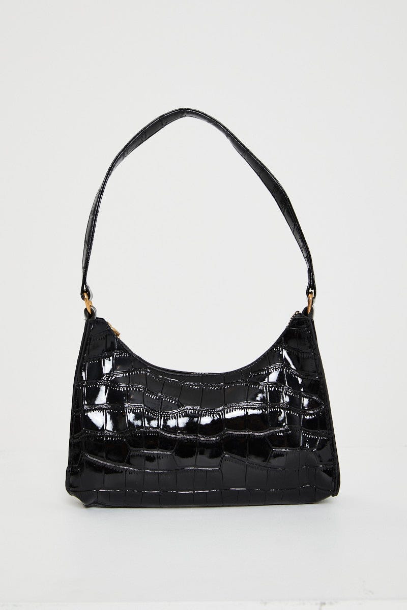 Black Faux Croc Embossed Leather Shoulder Bag For Women By You And All