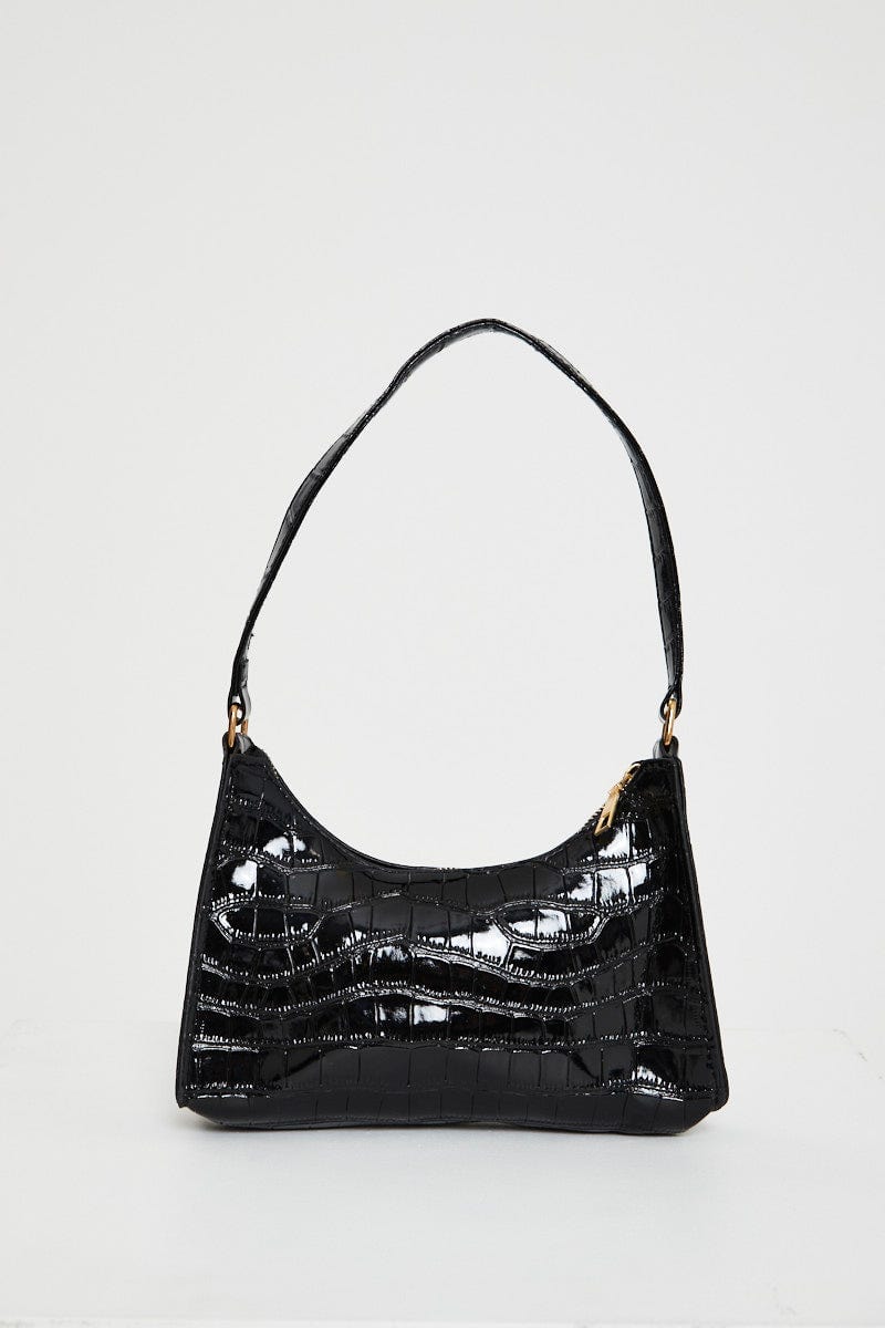 Black Faux Croc Embossed Leather Shoulder Bag For Women By You And All