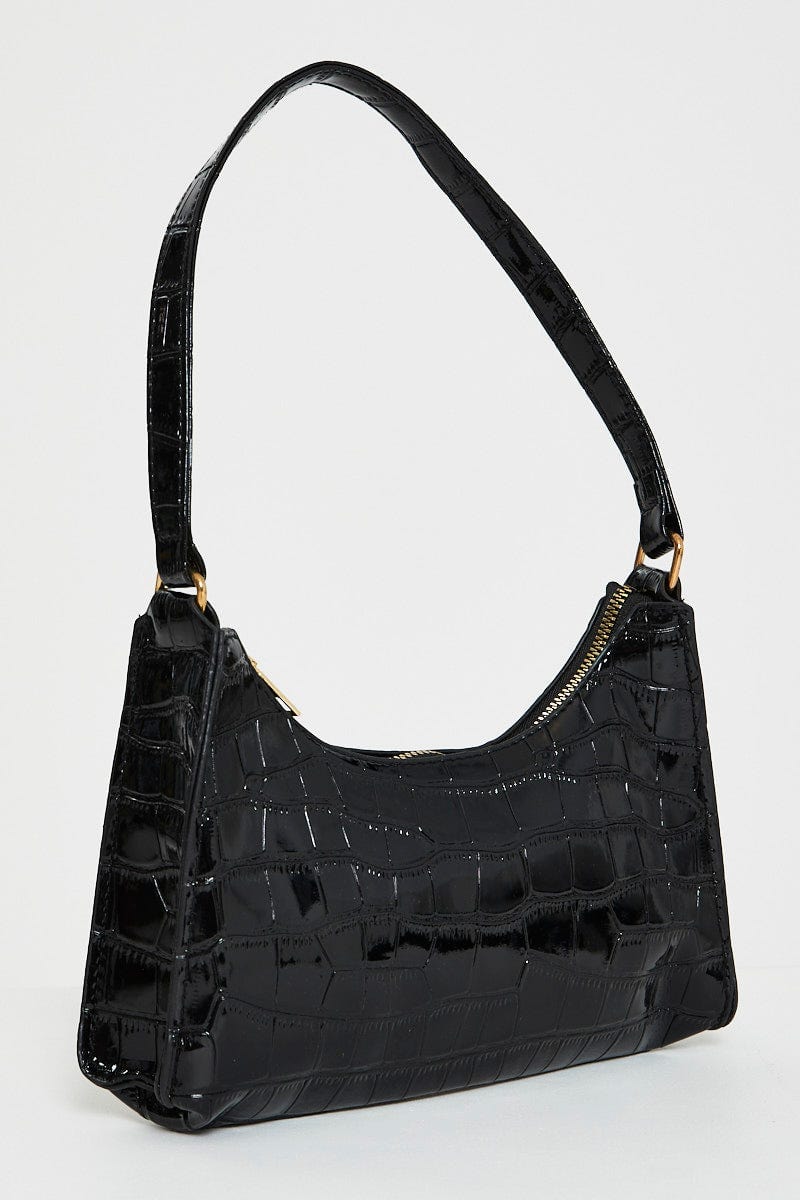 Black Faux Croc Embossed Leather Shoulder Bag For Women By You And All