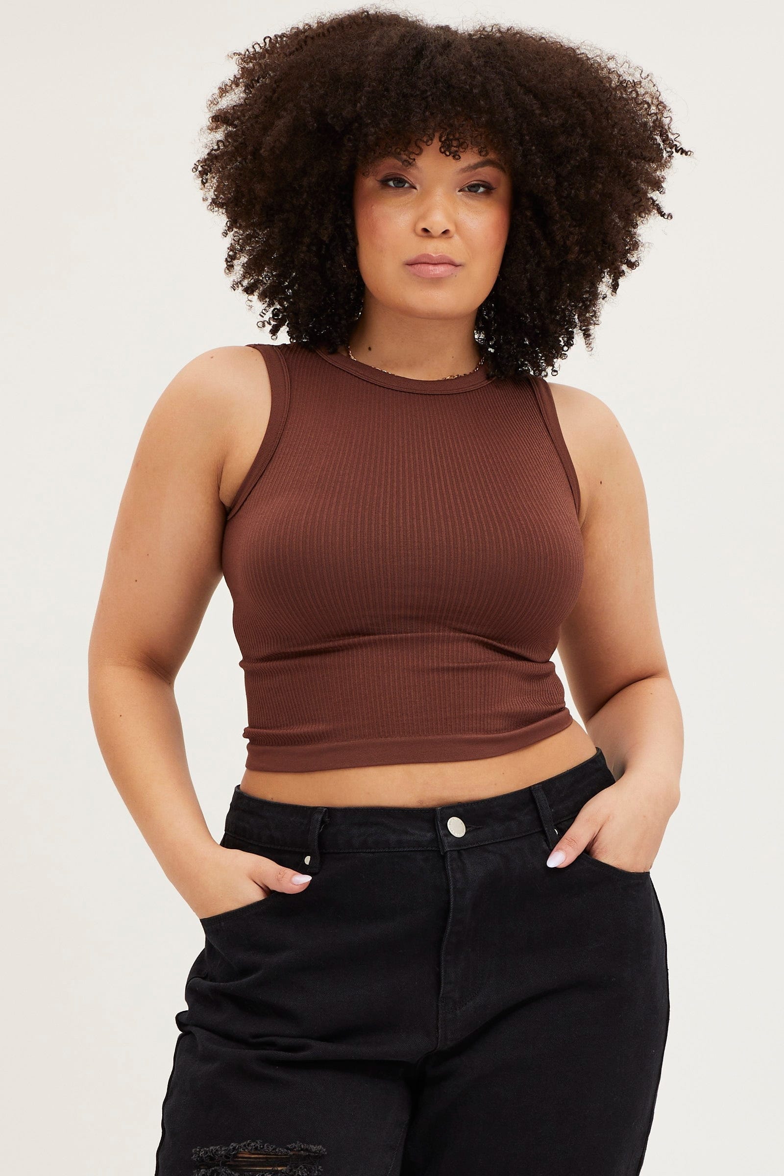 Brown Tank Top Sleeveless Crew Neck Seamless For Women By You And All