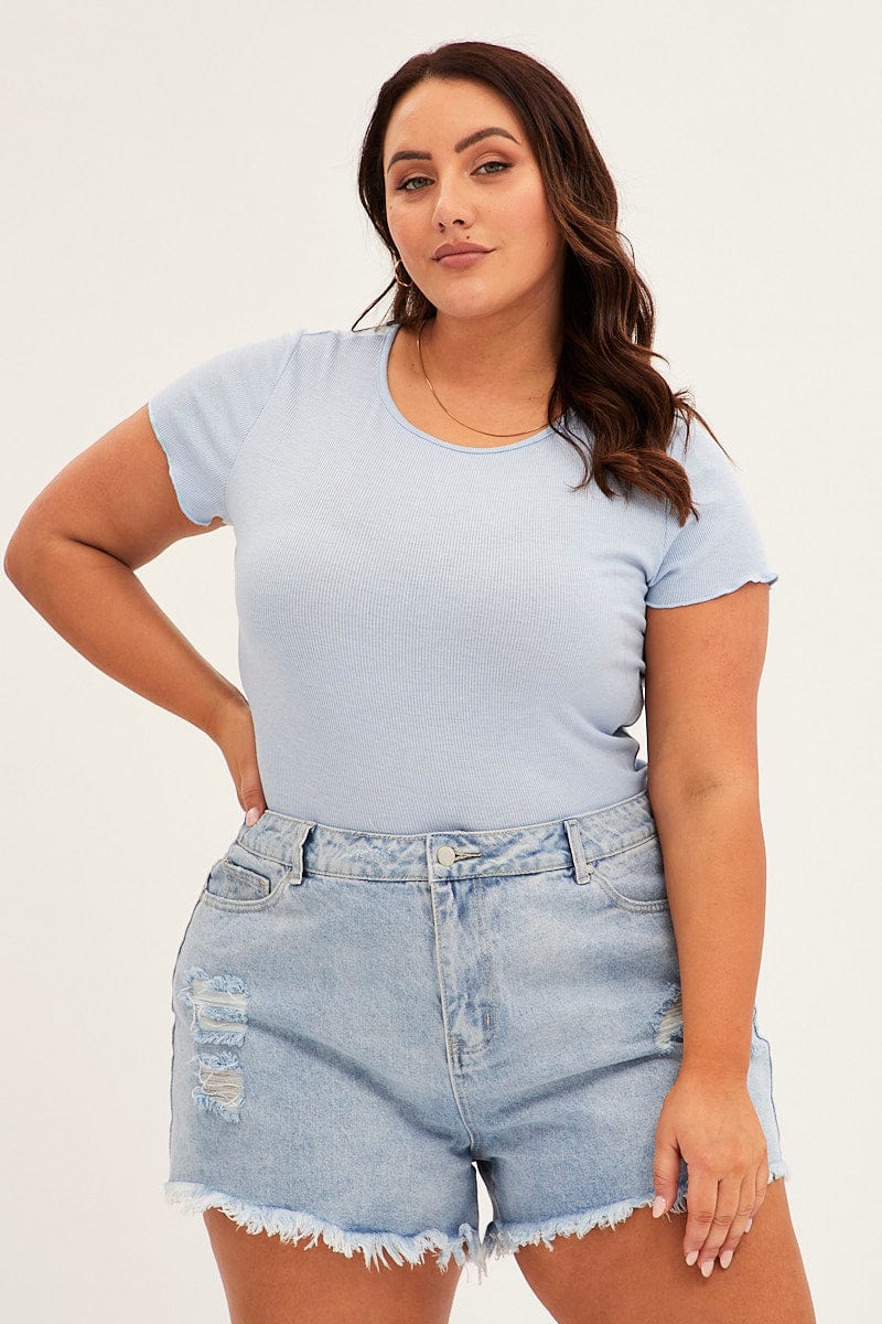 Blue Scoop Neck Short Sleeve Crop T- Shirt for YouandAll Fashion