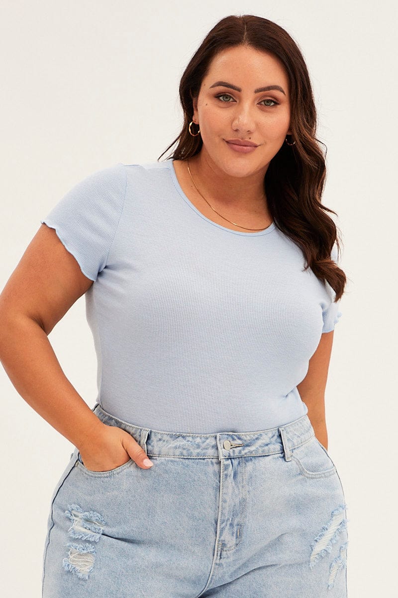 Blue Scoop Neck Short Sleeve Crop T- Shirt for YouandAll Fashion