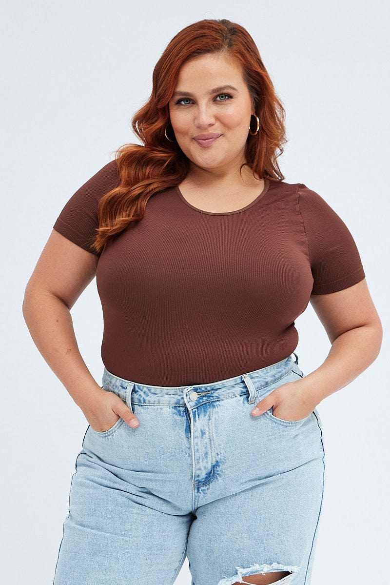 Brown Bodysuit Short sleeve Crew neck Seamless for YouandAll Fashion