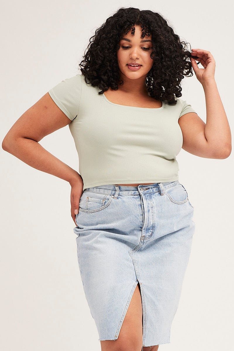 Green Square Neck Short Sleeve Crop Top for Women by You and All