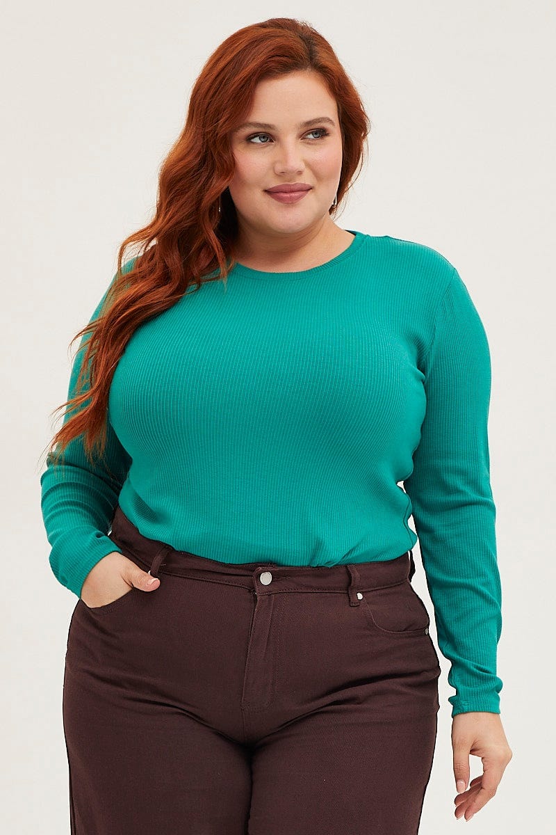 Green T-Shirt Crew Neck Long Sleeve Rib Semi Crop For Women By You And All