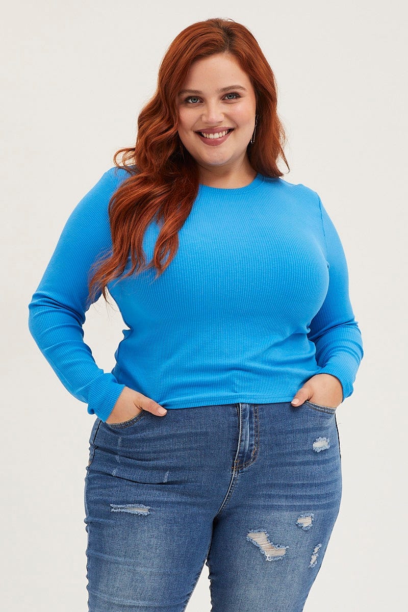Blue T-Shirt Crew Neck Long Sleeve Rib Semi Crop For Women By You And All