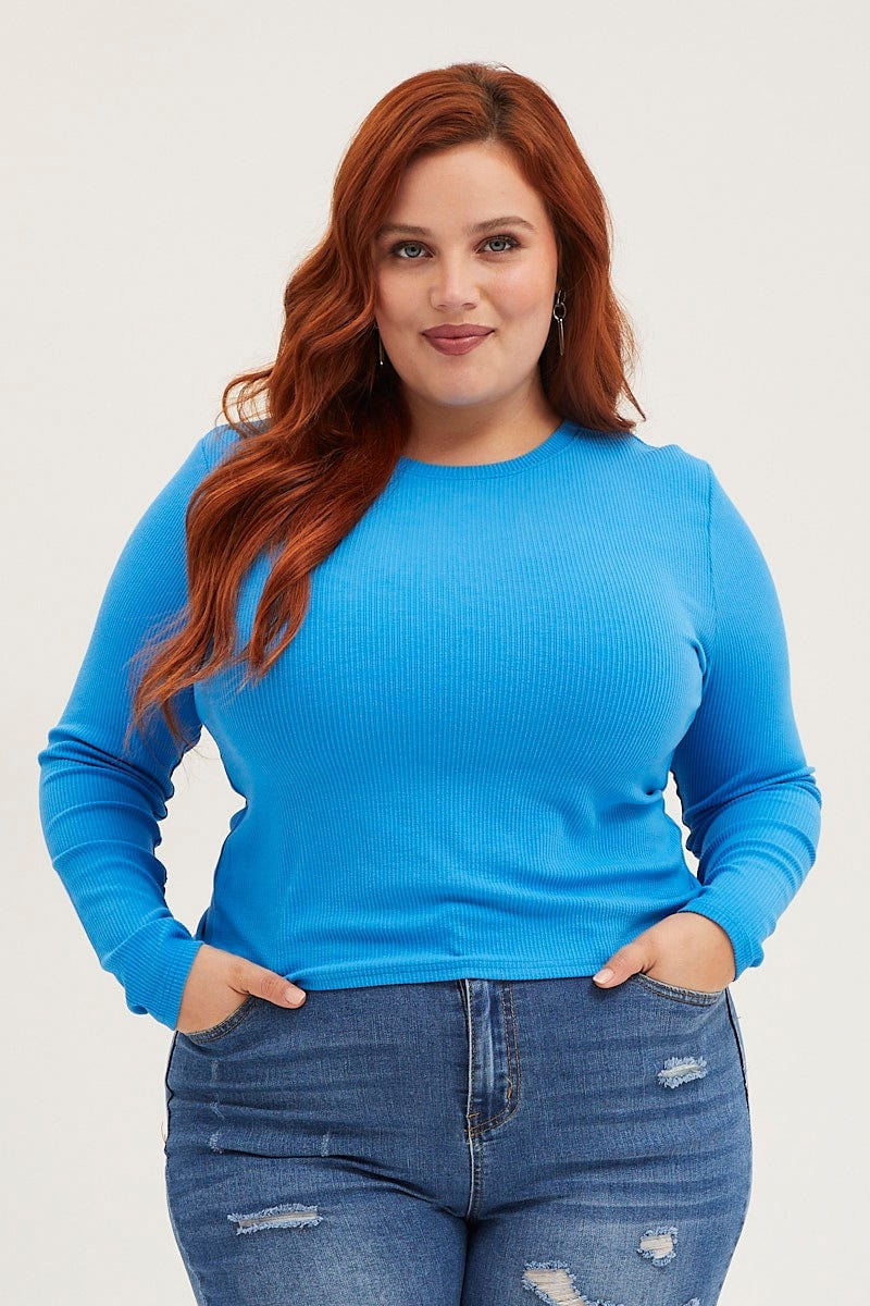 Blue T-Shirt Crew Neck Long Sleeve Rib Semi Crop For Women By You And All