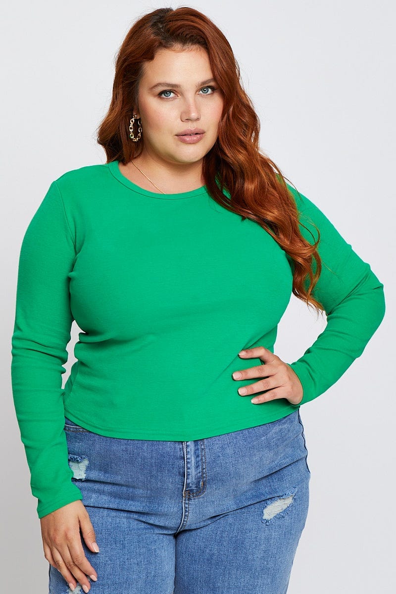 Green Crop T-Shirt Crew Neck Long Sleeve Jersey For Women By You And All