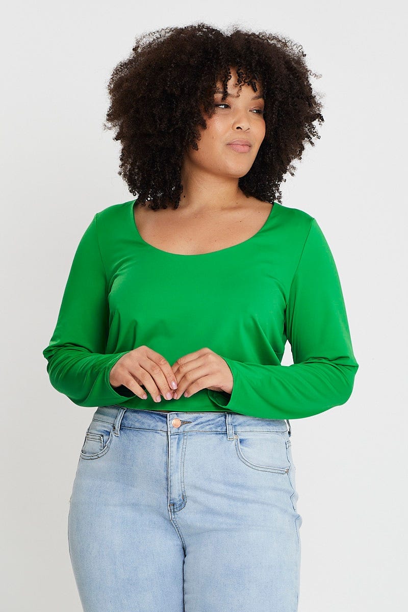 Green Long Sleeve Double Layer Scoop Top For Women By You And All