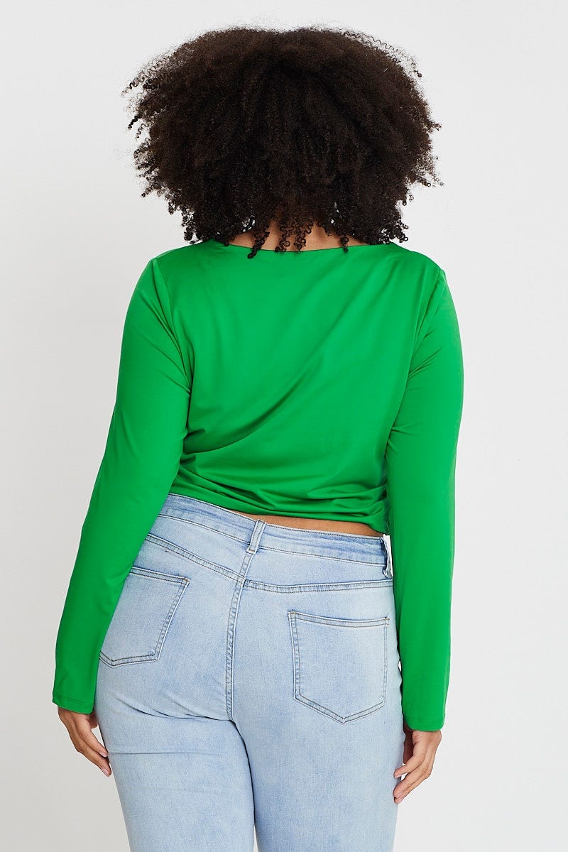 Green Long Sleeve Double Layer Scoop Top For Women By You And All