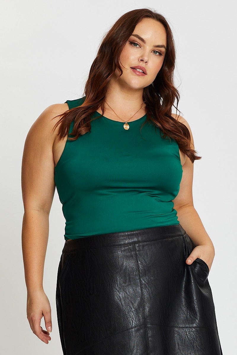 Green Tank Top Crew Neck Sleeveless Cotton Crop For Women By You And All