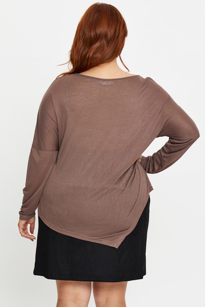 Brown Asymmetrical T-Shirt Crew Neck Long Sleeve For Women By You And All