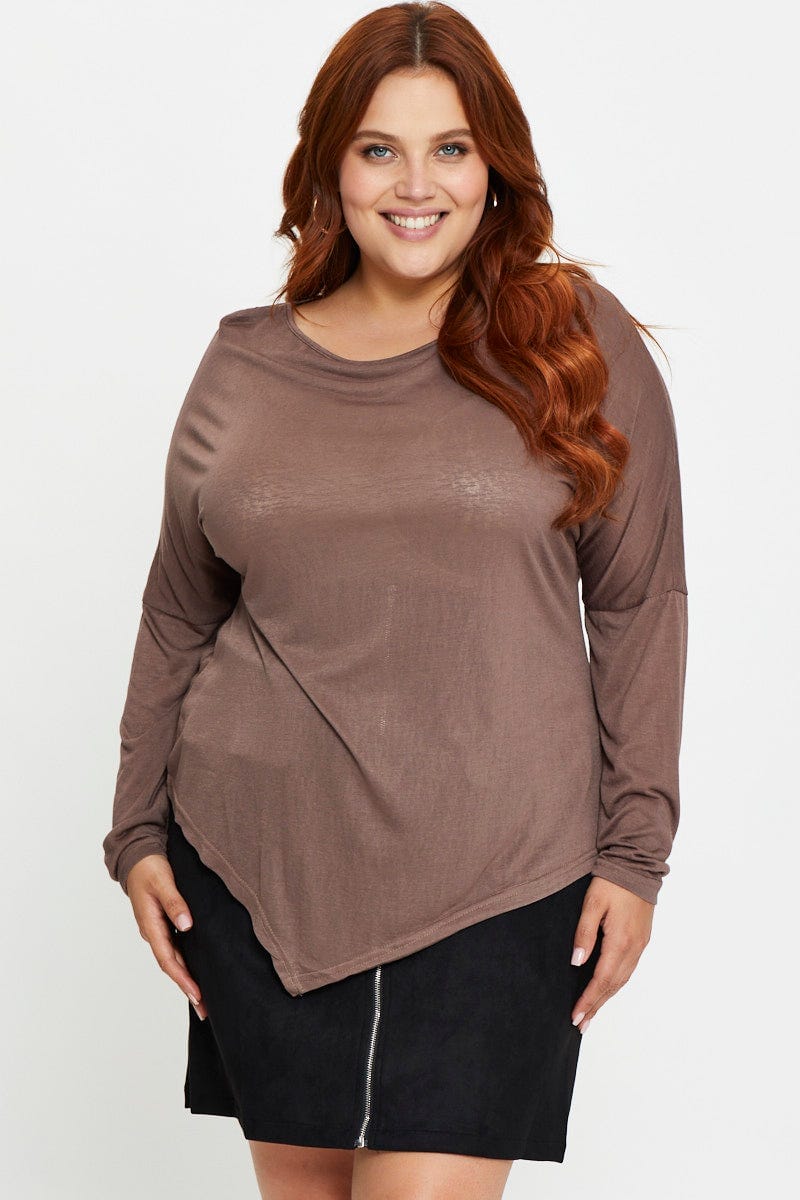 Brown Asymmetrical T-Shirt Crew Neck Long Sleeve For Women By You And All