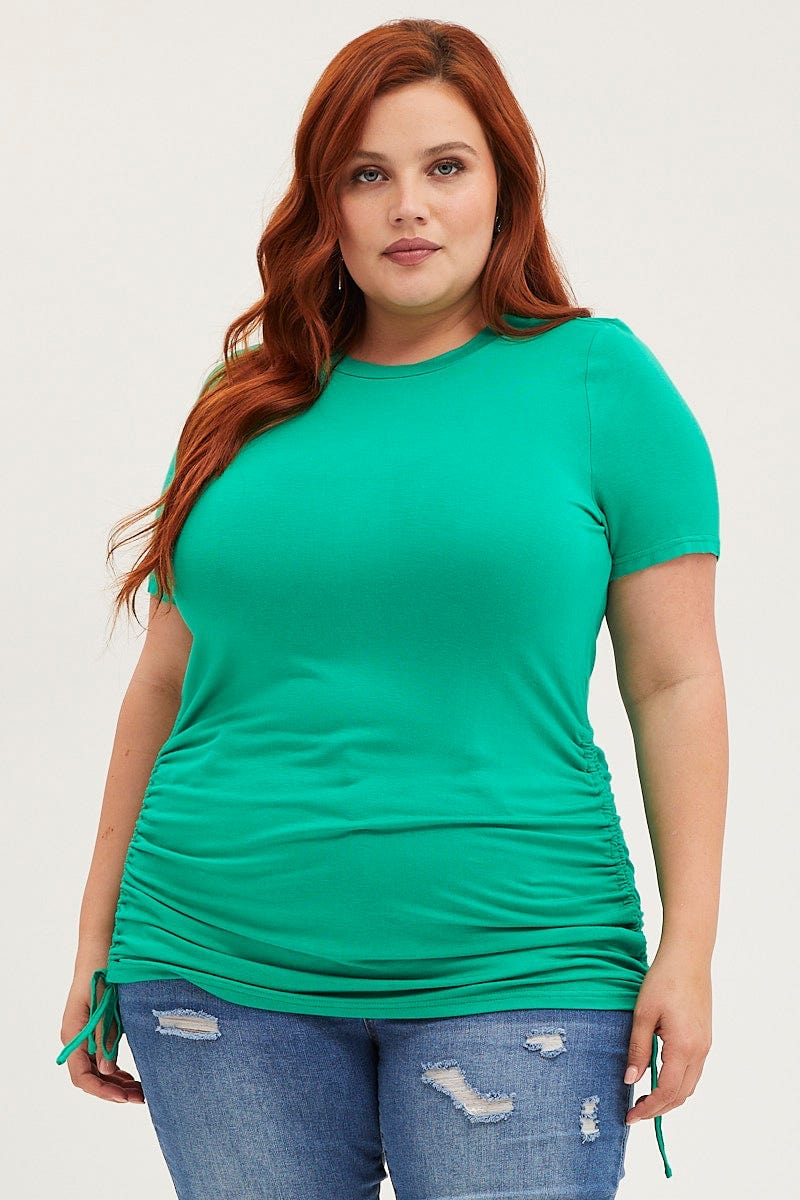 Green Ruched T-Shirt Crew Neck Short Sleeve Side For Women By You And All