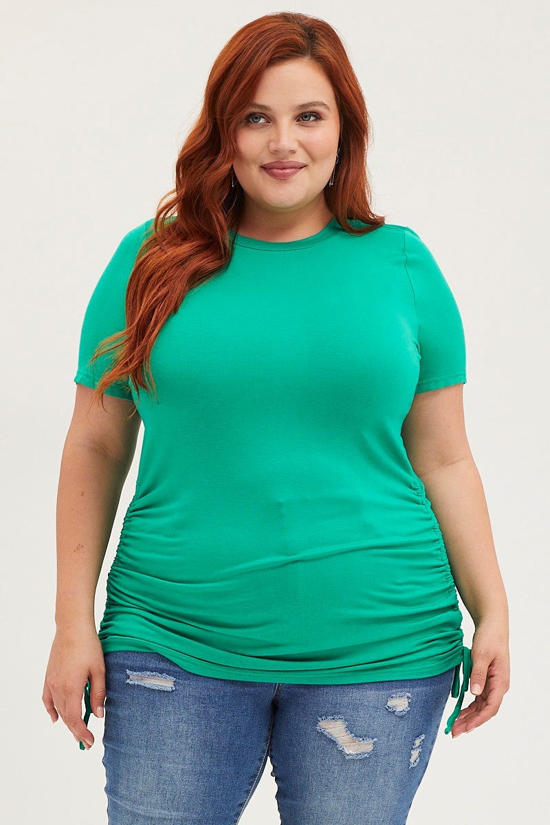 Green Ruched T-Shirt Crew Neck Short Sleeve Side For Women By You And All