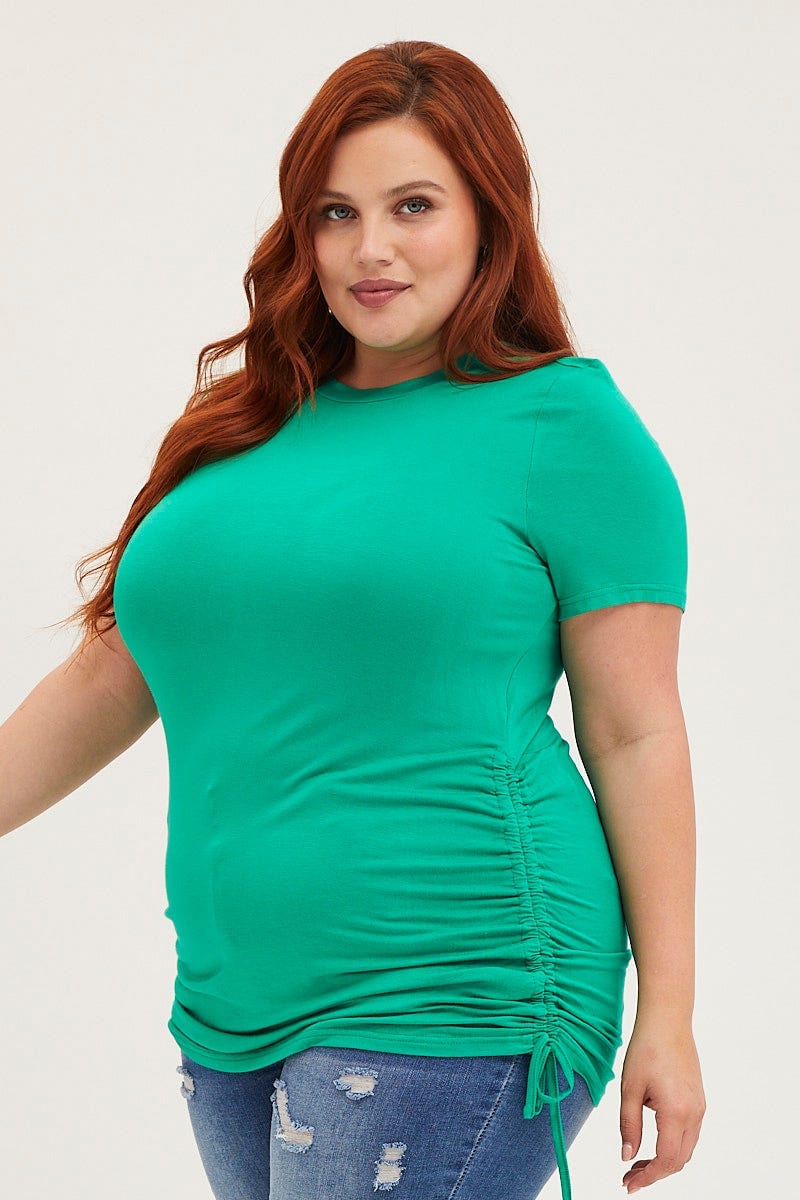 Green Ruched T-Shirt Crew Neck Short Sleeve Side For Women By You And All