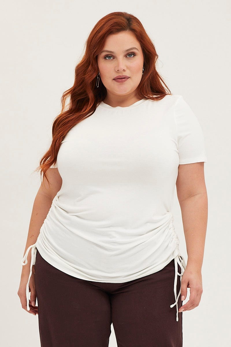 White Ruched T-Shirt Crew Neck Short Sleeve Side For Women By You And All