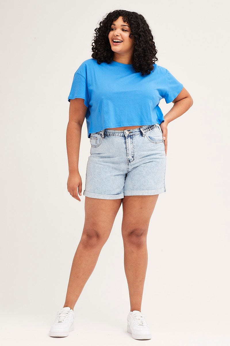 Blue Crew Neck Short Sleeve Semi Crop T-Shirt for Women by You and All