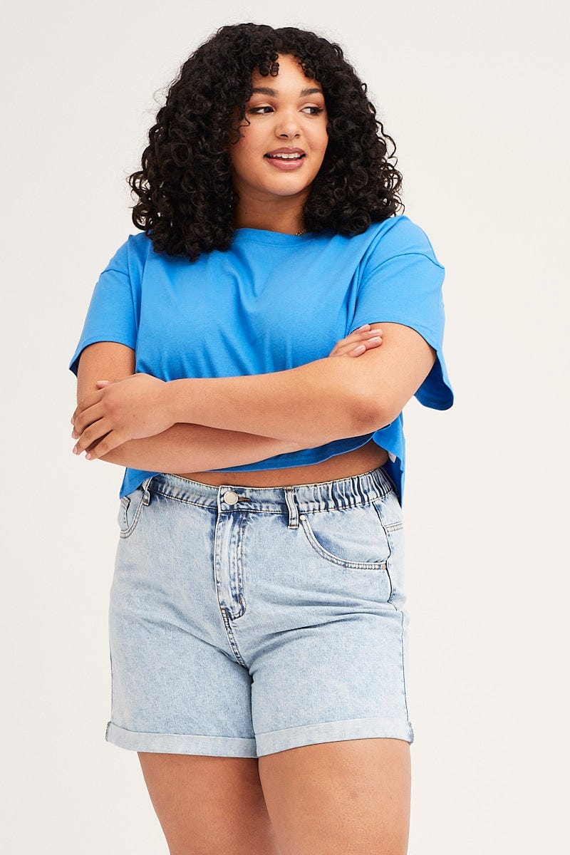 Blue Crew Neck Short Sleeve Semi Crop T-Shirt for Women by You and All