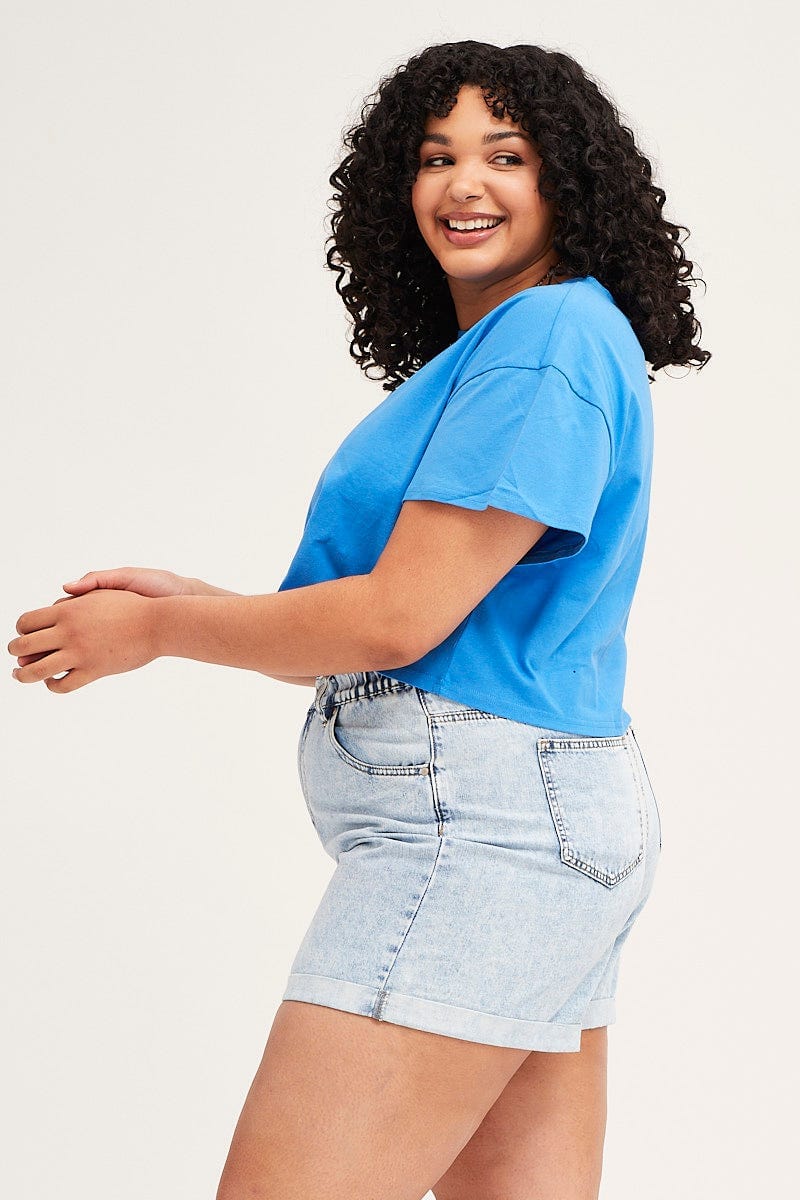 Blue Crew Neck Short Sleeve Semi Crop T-Shirt for Women by You and All