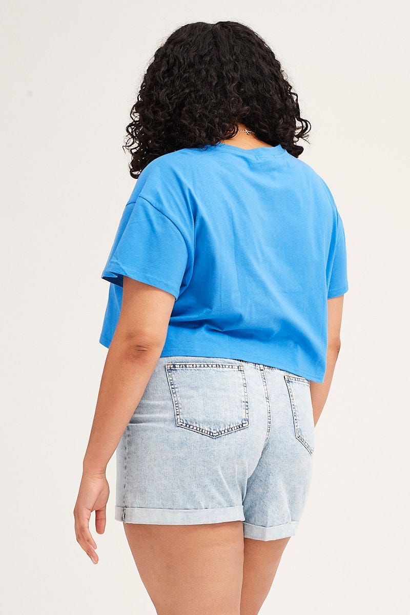 Blue Crew Neck Short Sleeve Semi Crop T-Shirt for Women by You and All