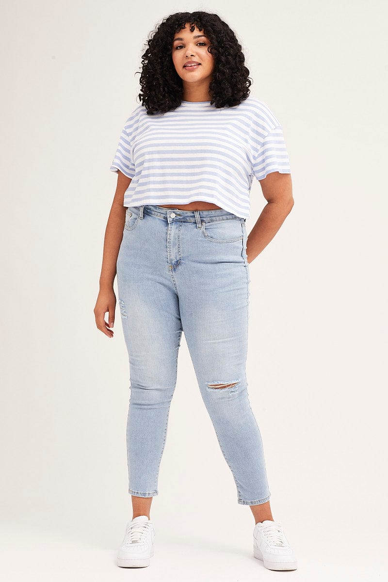 Stripe Crew Neck Short Sleeve Semi Crop T-Shirt for Women by You + All