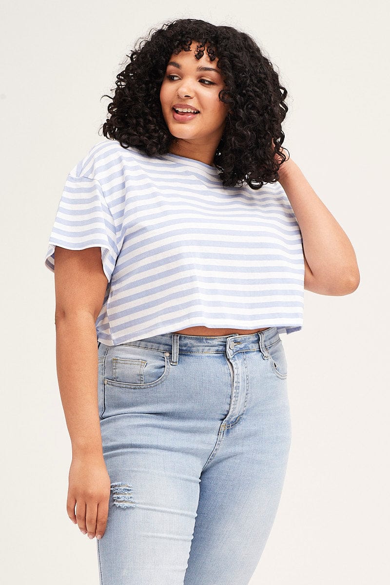Stripe Crew Neck Short Sleeve Semi Crop T-Shirt for Women by You + All