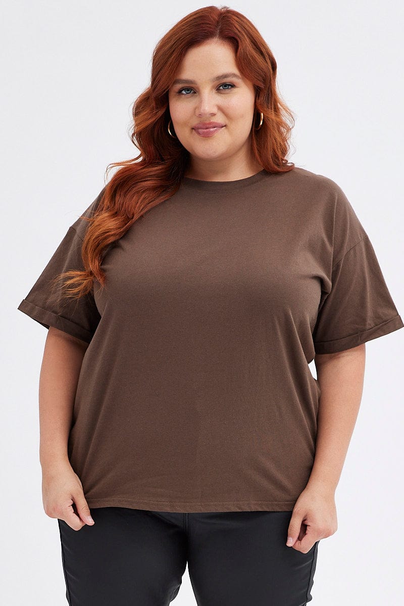 Brown Oversized T Shirt Short Sleeve Crew Neck for YouandAll Fashion