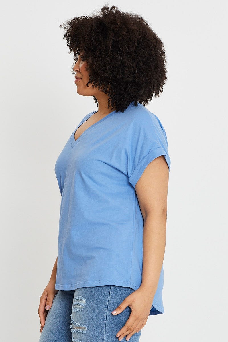 Blue Short Sleeve V Neck T Shirt For Women By You And All