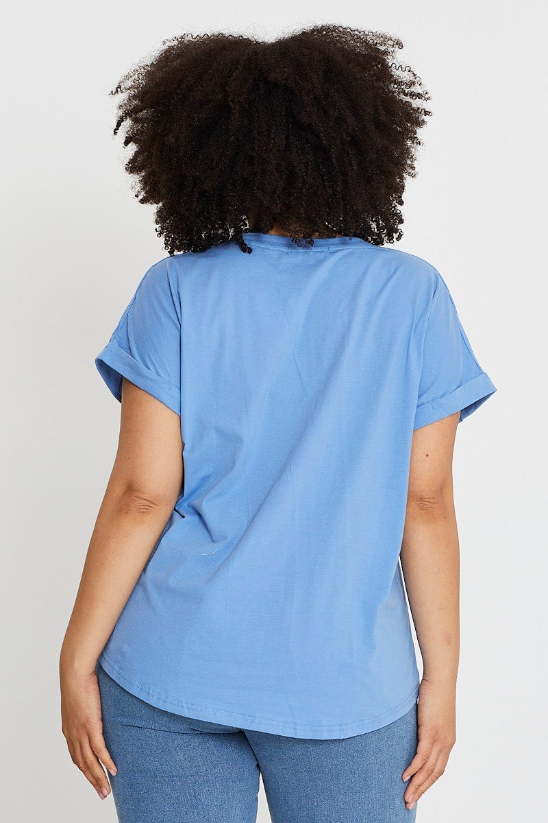 Blue Short Sleeve V Neck T Shirt For Women By You And All