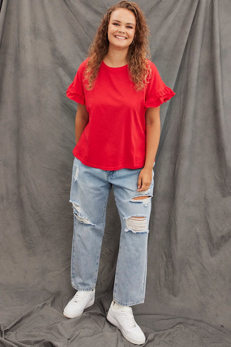 Red T shirt Ruffle sleeve Crew neck for YouandAll Fashion