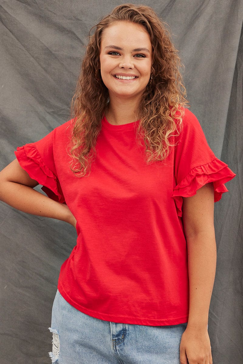 Red T shirt Ruffle sleeve Crew neck for YouandAll Fashion