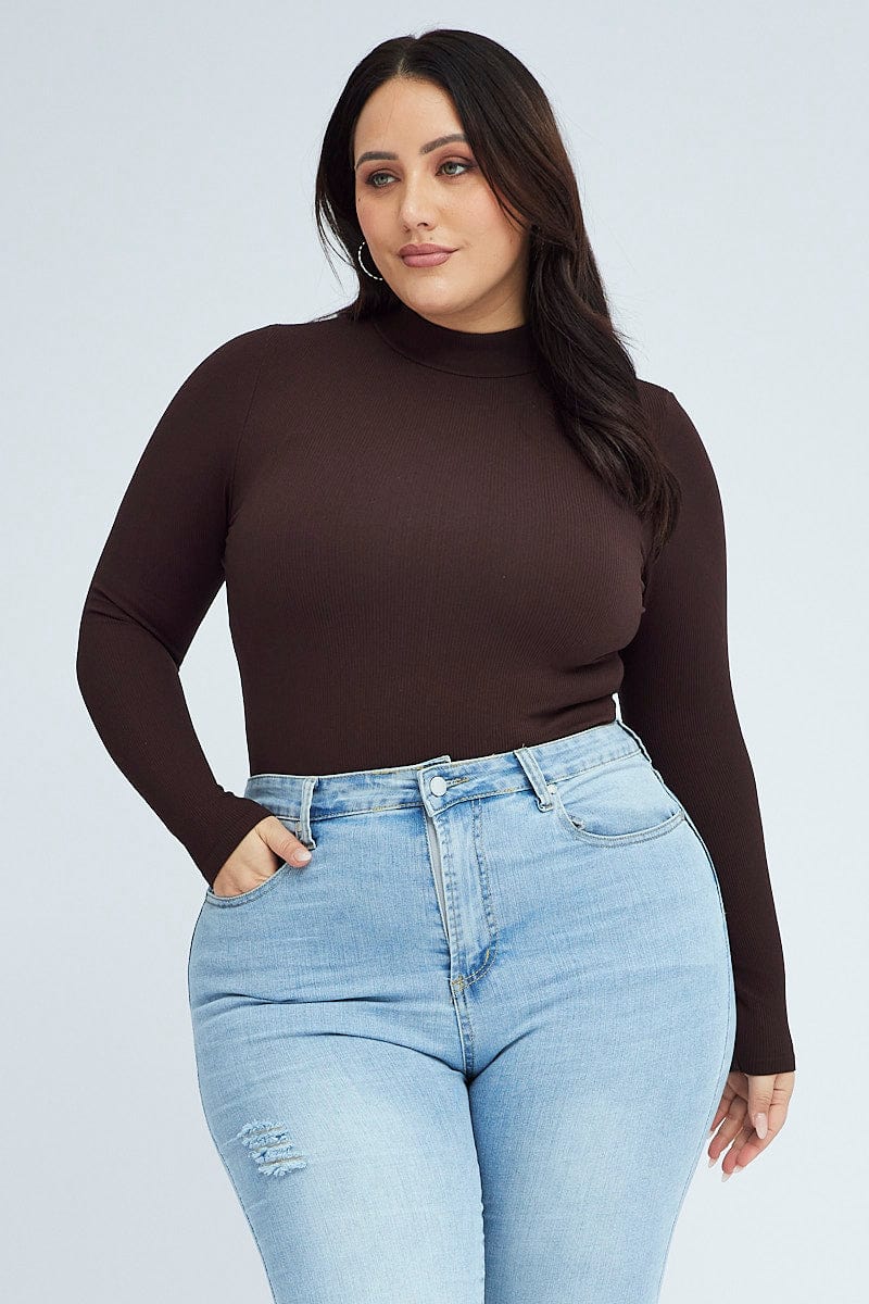 Brown Top Long Sleeve High Neck Seamless for YouandAll Fashion