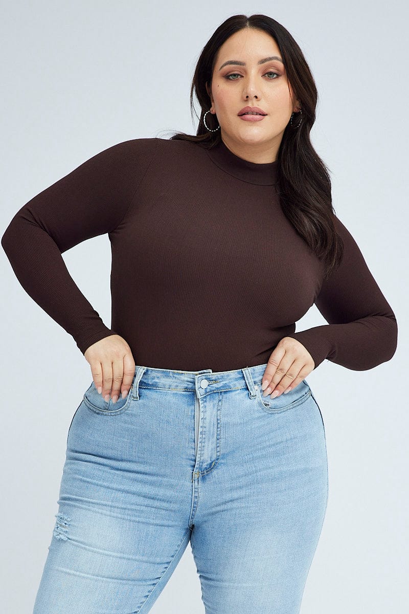Brown Top Long Sleeve High Neck Seamless for YouandAll Fashion